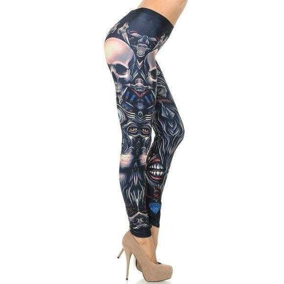 Reg one Size Halloween Ugly Skull Leggings Black - Picture 5 of 10